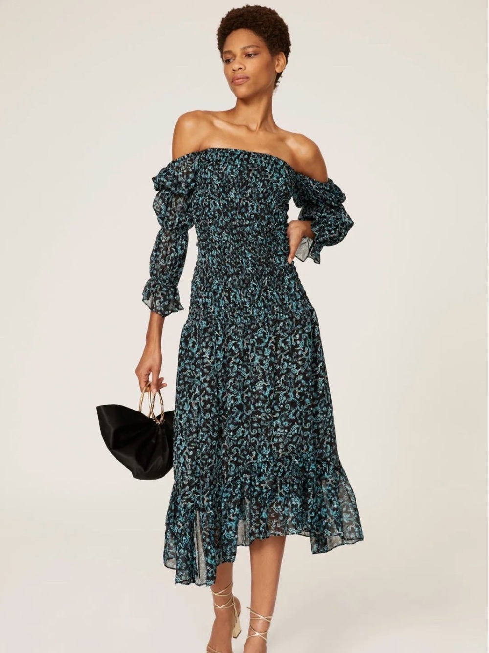 Misa Los Angeles Rashida Midi Dress Teal Black Paisley Smocked Size Large NWT